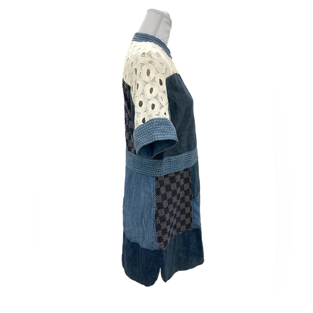 Sea New York Patchwork Cotton Denim And Lace Oversized Mock Neck Mini Dress sz 4 - Picture 6 of 11